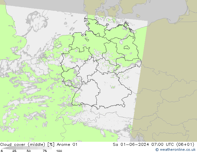 Cloud cover (middle) Arome 01 Sa 01.06.2024 07 UTC