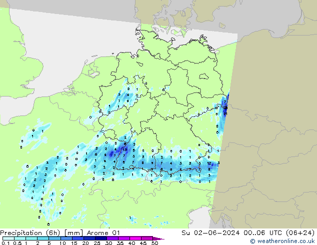 降水量 (6h) Arome 01 星期日 02.06.2024 06 UTC