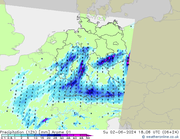 Totale neerslag (12h) Arome 01 zo 02.06.2024 06 UTC