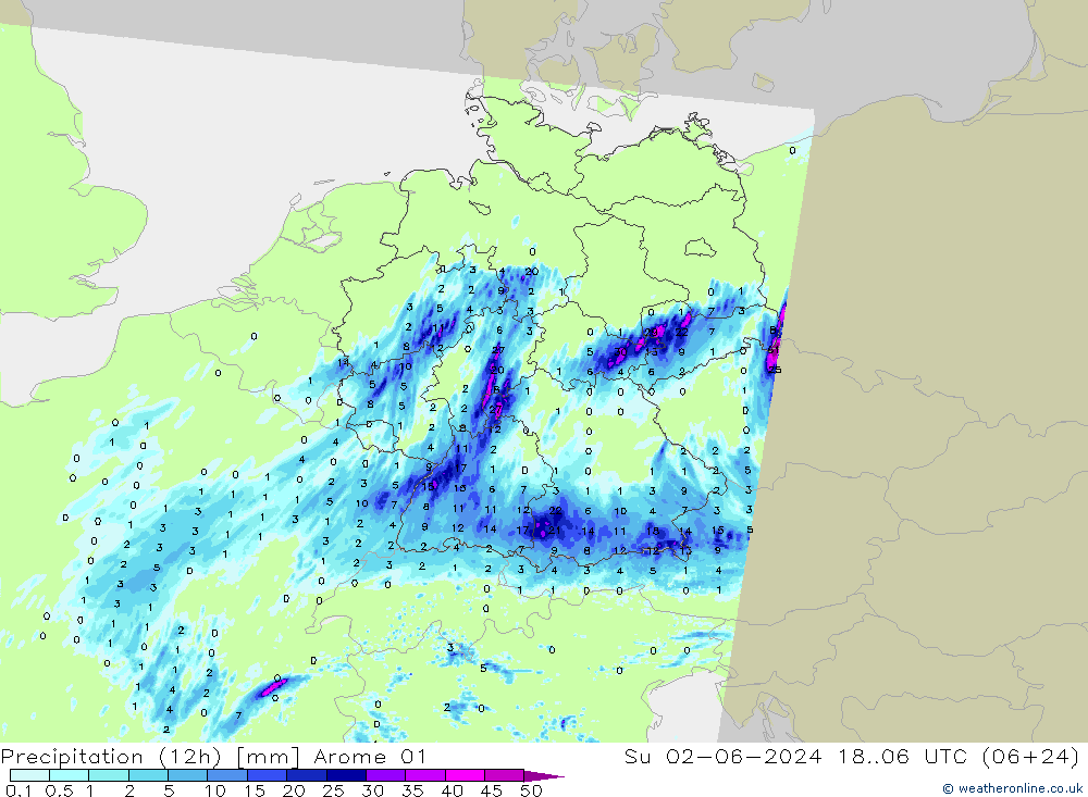 Precipitación (12h) Arome 01 dom 02.06.2024 06 UTC