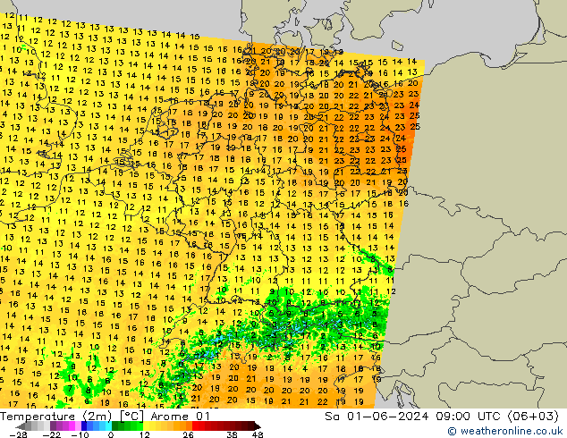 Temperatuurkaart (2m) Arome 01 za 01.06.2024 09 UTC
