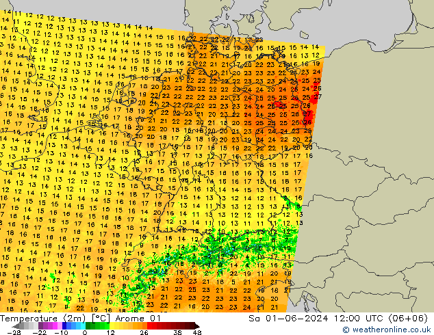 Temperatuurkaart (2m) Arome 01 za 01.06.2024 12 UTC