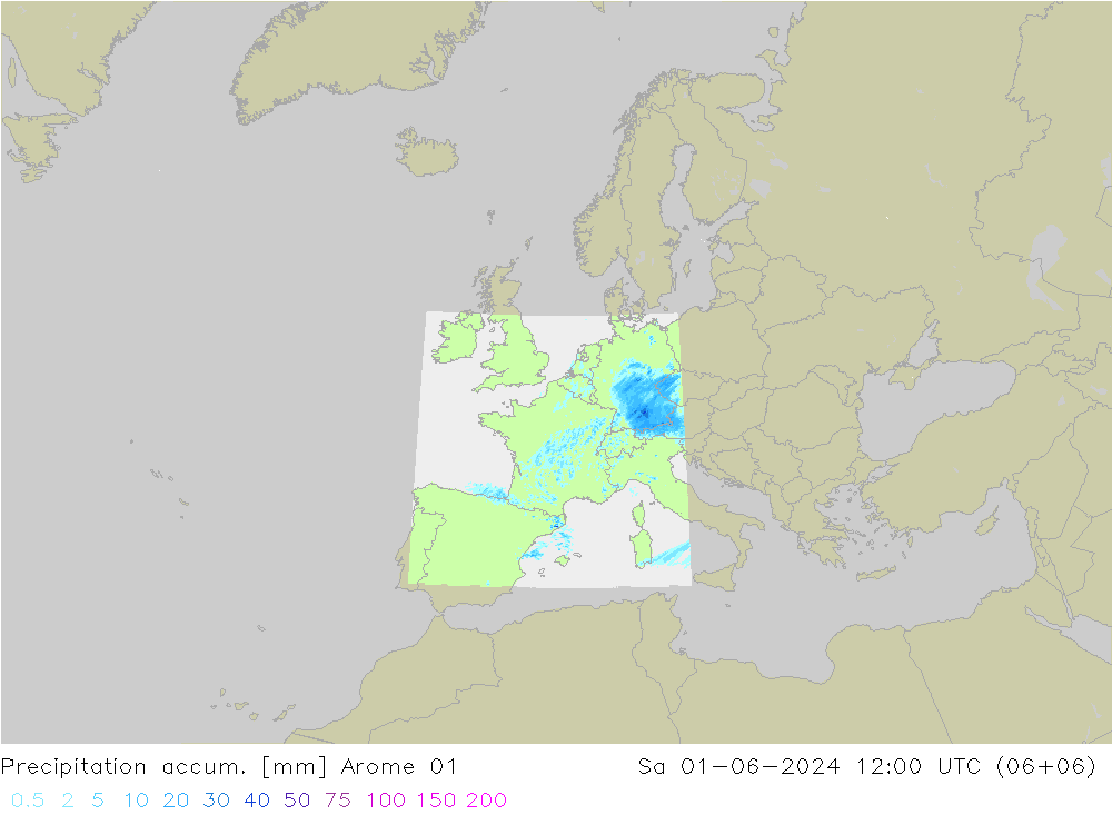 Precipitation accum. Arome 01 星期六 01.06.2024 12 UTC