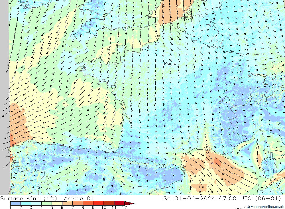 Wind 10 m (bft) Arome 01 za 01.06.2024 07 UTC