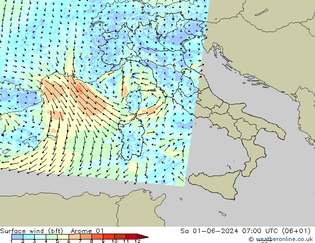 Vento 10 m (bft) Arome 01 Sáb 01.06.2024 07 UTC