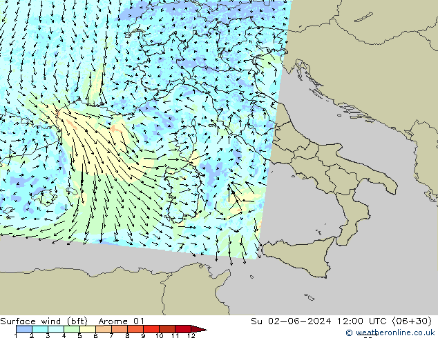 Surface wind (bft) Arome 01 Ne 02.06.2024 12 UTC