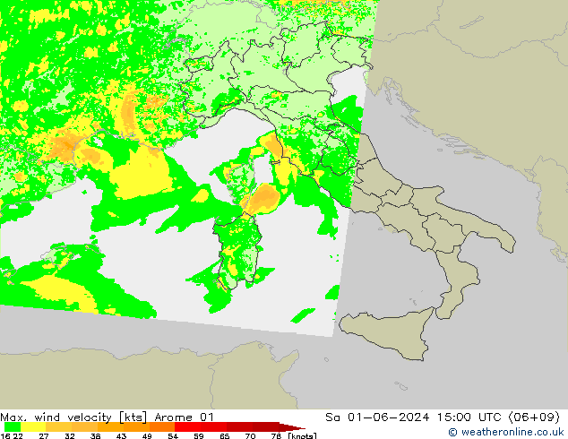 Max. wind snelheid Arome 01 za 01.06.2024 15 UTC