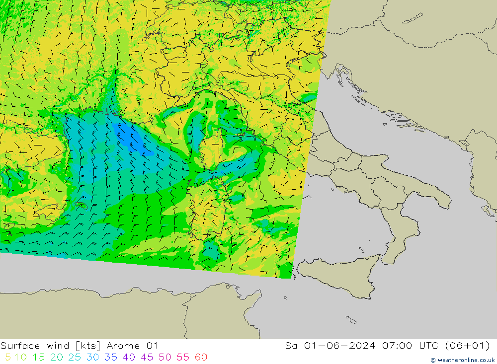 Surface wind Arome 01 So 01.06.2024 07 UTC
