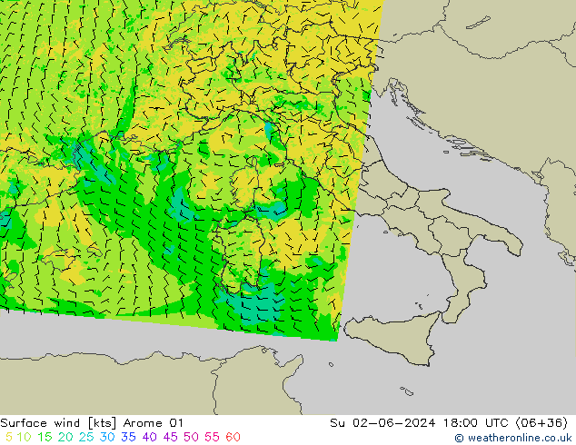 ветер 10 m Arome 01 Вс 02.06.2024 18 UTC