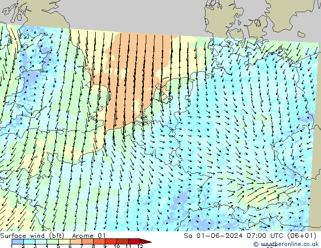 Wind 10 m (bft) Arome 01 za 01.06.2024 07 UTC