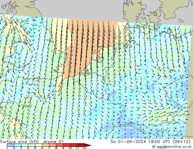 Bodenwind (bft) Arome 01 Sa 01.06.2024 18 UTC