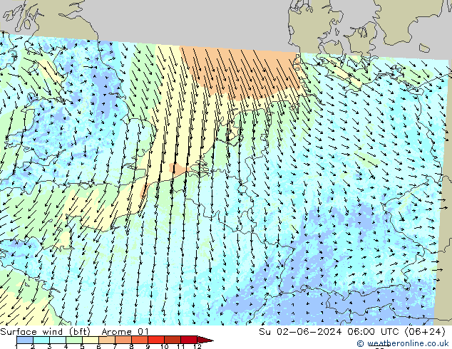 Surface wind (bft) Arome 01 Su 02.06.2024 06 UTC