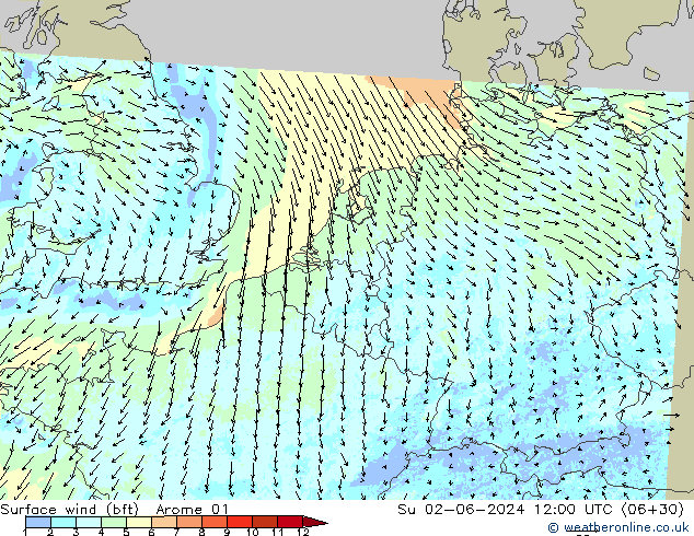 Vento 10 m (bft) Arome 01 Dom 02.06.2024 12 UTC