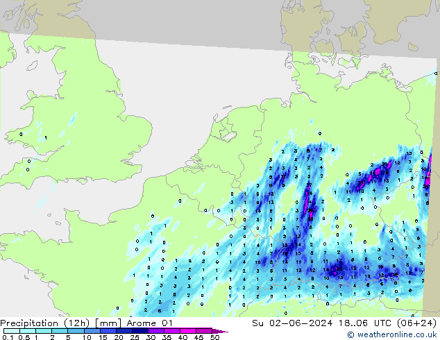 Yağış (12h) Arome 01 Paz 02.06.2024 06 UTC