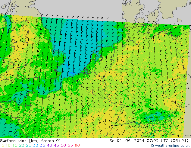 Wind 10 m Arome 01 za 01.06.2024 07 UTC