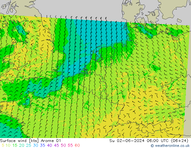 Vento 10 m Arome 01 dom 02.06.2024 06 UTC