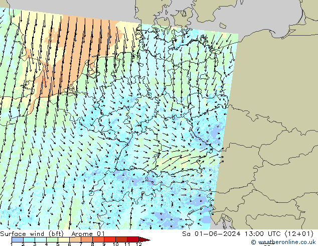 Surface wind (bft) Arome 01 So 01.06.2024 13 UTC