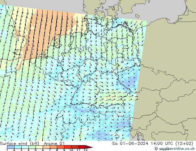 Wind 10 m (bft) Arome 01 za 01.06.2024 14 UTC