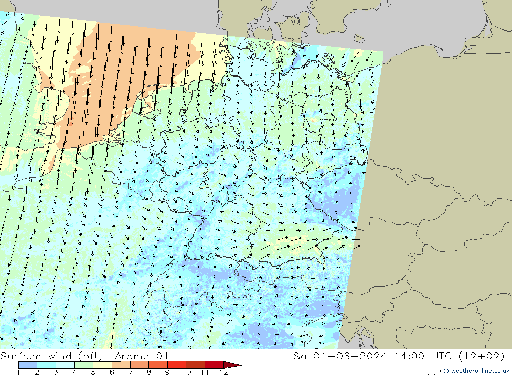 Surface wind (bft) Arome 01 Sa 01.06.2024 14 UTC