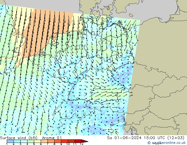 Wind 10 m (bft) Arome 01 za 01.06.2024 15 UTC