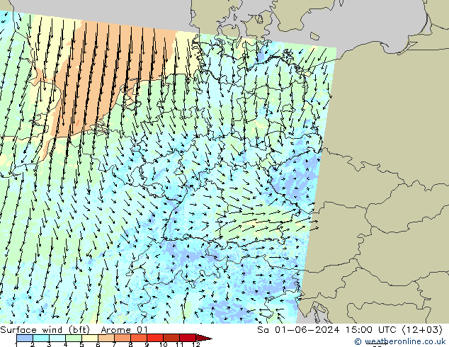 Viento 10 m (bft) Arome 01 sáb 01.06.2024 15 UTC