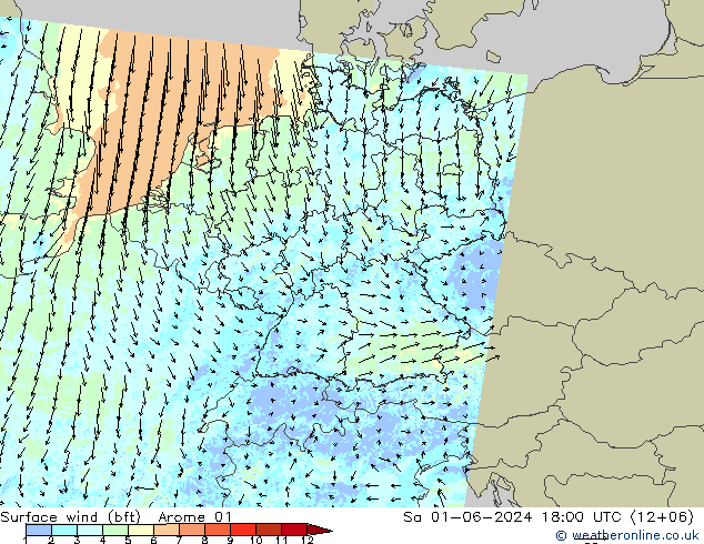 Bodenwind (bft) Arome 01 Sa 01.06.2024 18 UTC