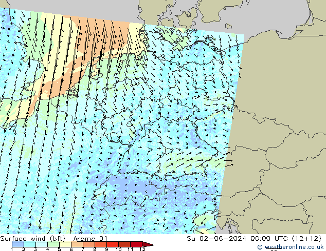 wiatr 10 m (bft) Arome 01 nie. 02.06.2024 00 UTC