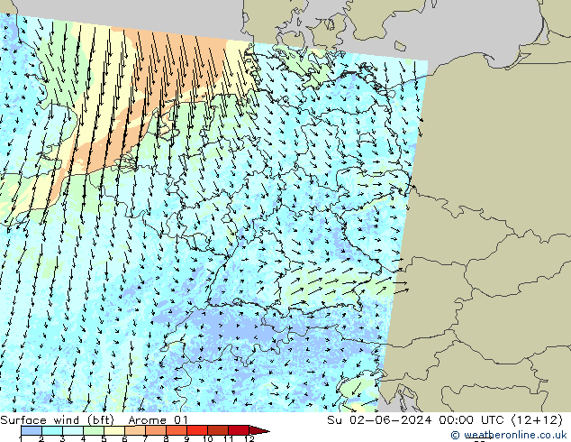 Vento 10 m (bft) Arome 01 dom 02.06.2024 00 UTC