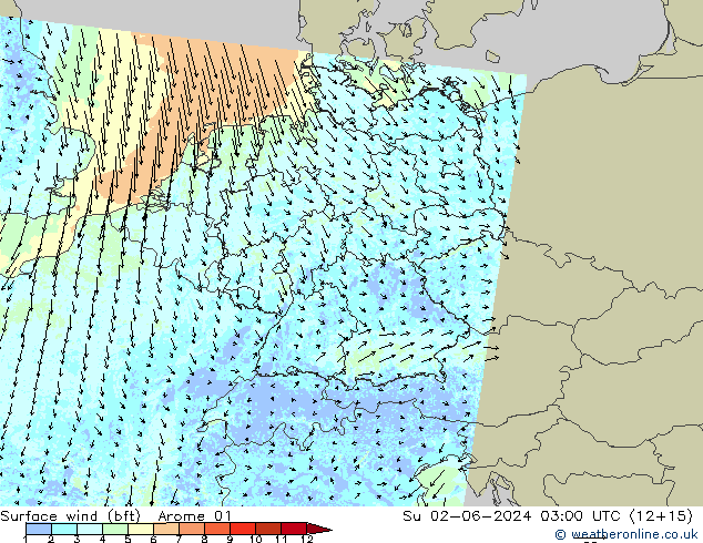 Surface wind (bft) Arome 01 Su 02.06.2024 03 UTC
