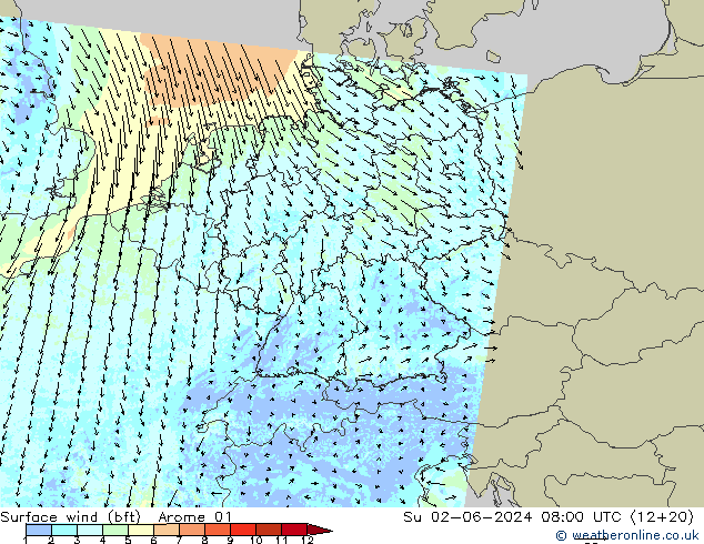 Rüzgar 10 m (bft) Arome 01 Paz 02.06.2024 08 UTC