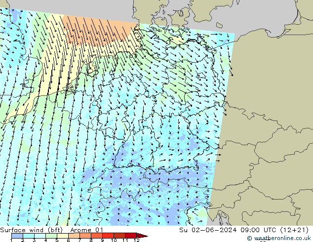  10 m (bft) Arome 01  02.06.2024 09 UTC