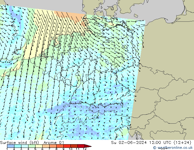 Wind 10 m (bft) Arome 01 zo 02.06.2024 12 UTC