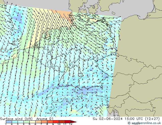 Surface wind (bft) Arome 01 Su 02.06.2024 15 UTC