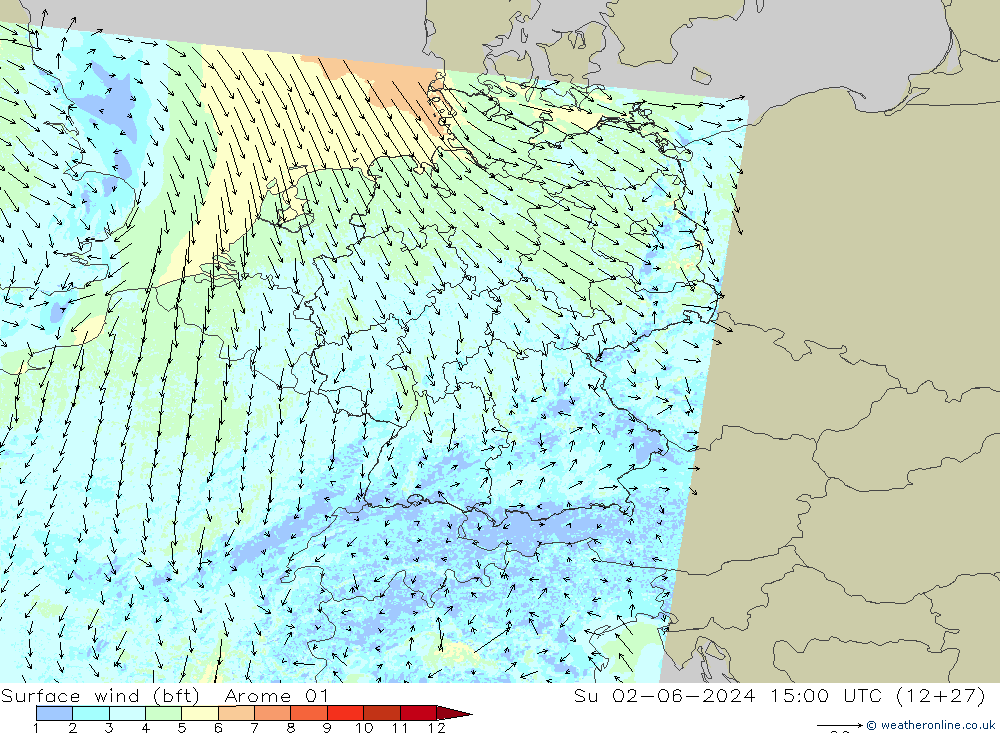 Surface wind (bft) Arome 01 Su 02.06.2024 15 UTC