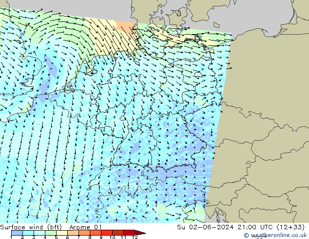 Viento 10 m (bft) Arome 01 dom 02.06.2024 21 UTC