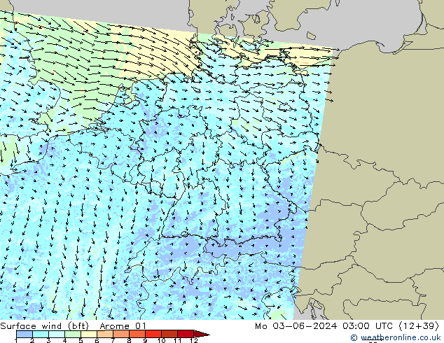 Surface wind (bft) Arome 01 Mo 03.06.2024 03 UTC