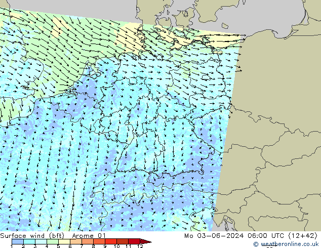 Wind 10 m (bft) Arome 01 ma 03.06.2024 06 UTC