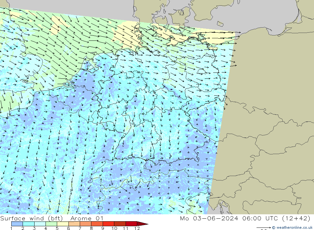 Surface wind (bft) Arome 01 Mo 03.06.2024 06 UTC