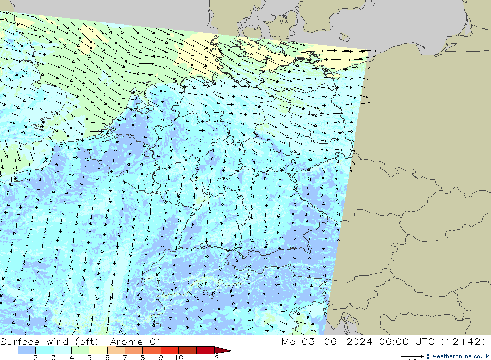 Vent 10 m (bft) Arome 01 lun 03.06.2024 06 UTC