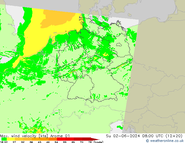 Max. wind velocity Arome 01 nie. 02.06.2024 08 UTC