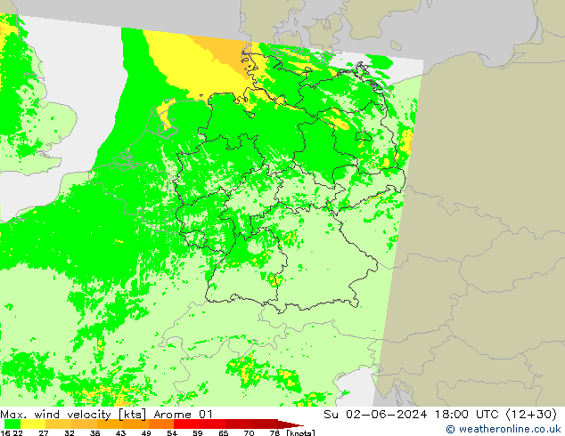 Max. wind velocity Arome 01 Dom 02.06.2024 18 UTC