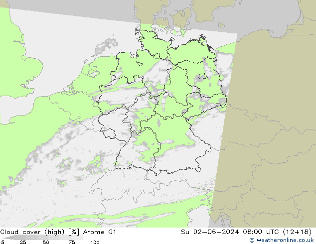 Cloud cover (high) Arome 01 Su 02.06.2024 06 UTC