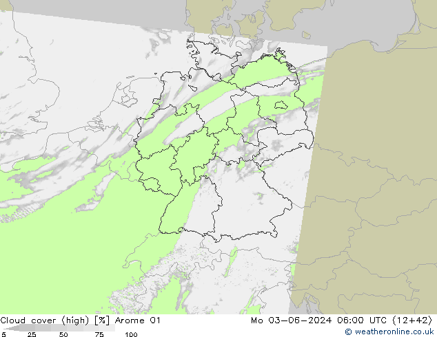 Cloud cover (high) Arome 01 Mo 03.06.2024 06 UTC