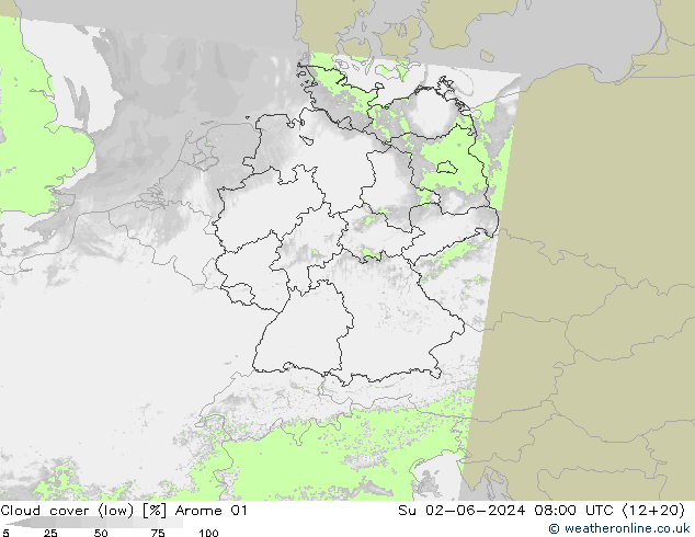 Cloud cover (low) Arome 01 Su 02.06.2024 08 UTC