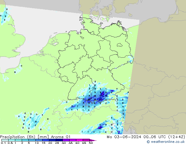 Precipitation (6h) Arome 01 Mo 03.06.2024 06 UTC