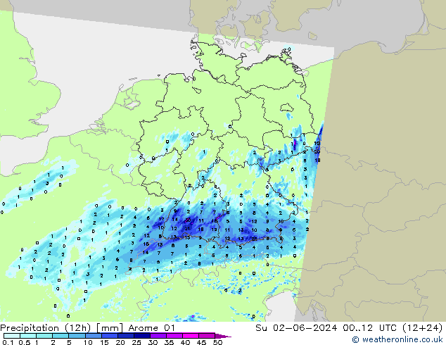 Precipitação (12h) Arome 01 Dom 02.06.2024 12 UTC