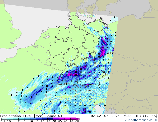 Precipitación (12h) Arome 01 lun 03.06.2024 00 UTC