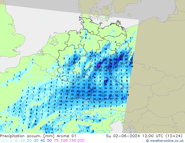 Precipitation accum. Arome 01 Su 02.06.2024 12 UTC