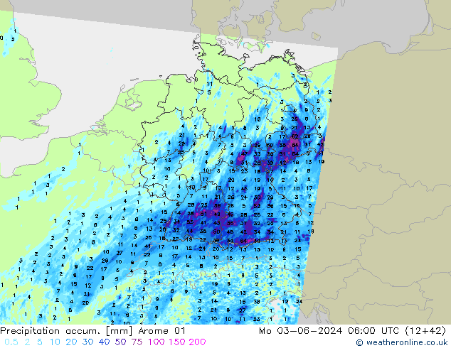 Totale neerslag Arome 01 ma 03.06.2024 06 UTC