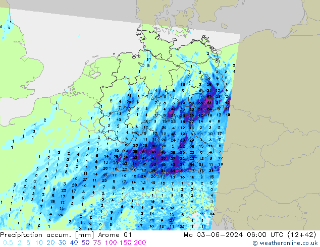 Nied. akkumuliert Arome 01 Mo 03.06.2024 06 UTC